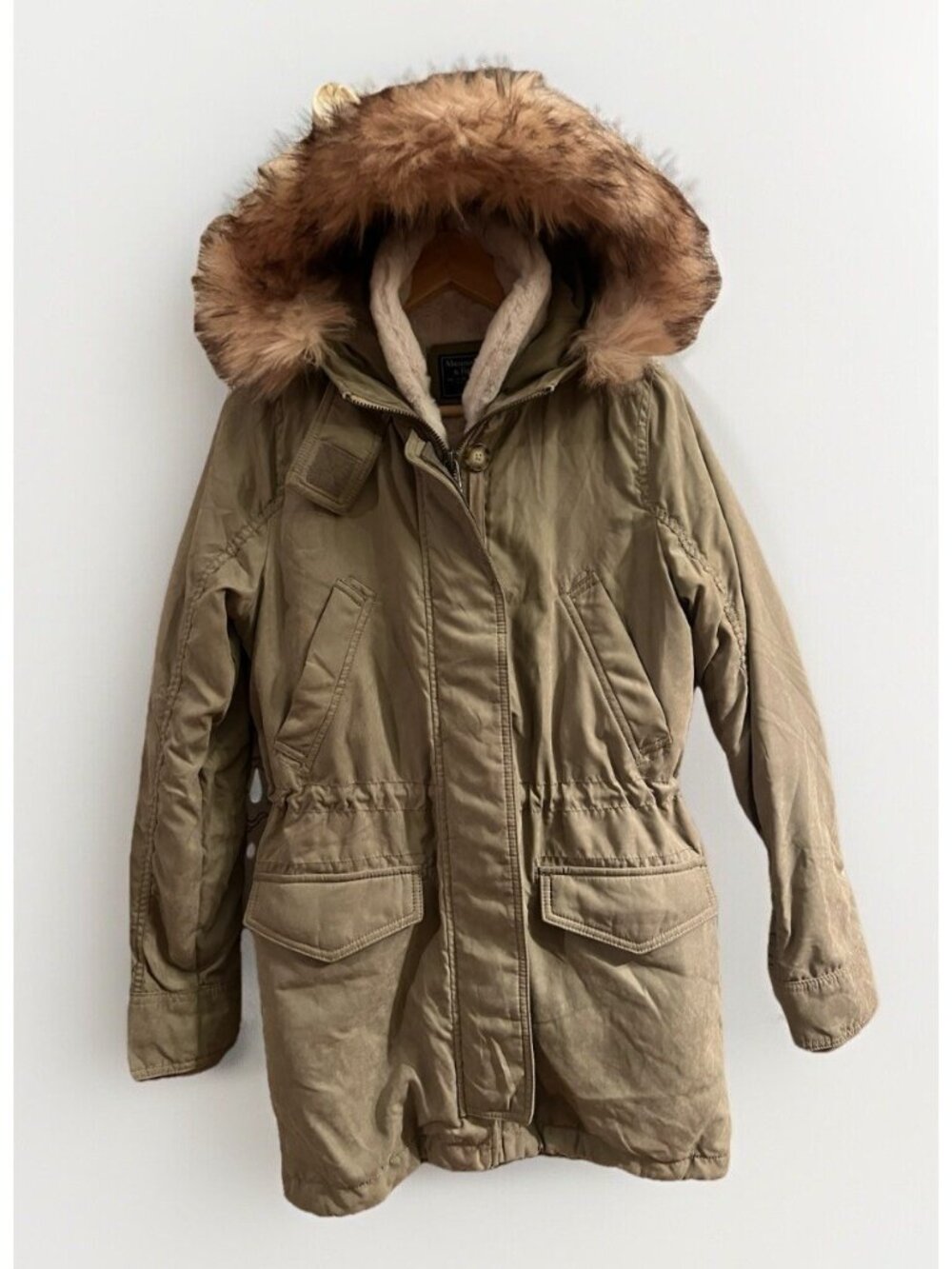 Abercrombie Fitch Vintage Y2K Green Faux Fur Hooded Zip Up Jacket Coat Parka XS